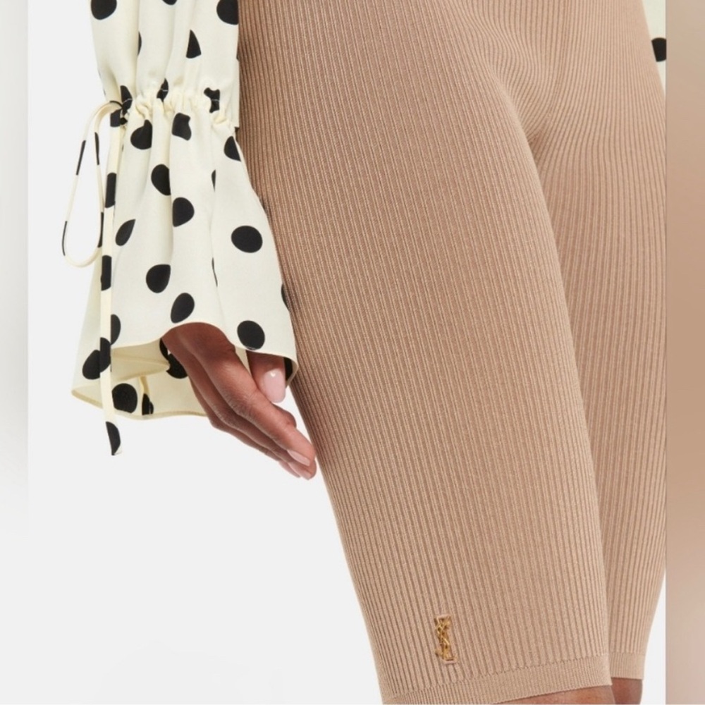 YSL Saint Laurent Biker Beige  Shorts Ribbed Knit High-Waisted Stretch
